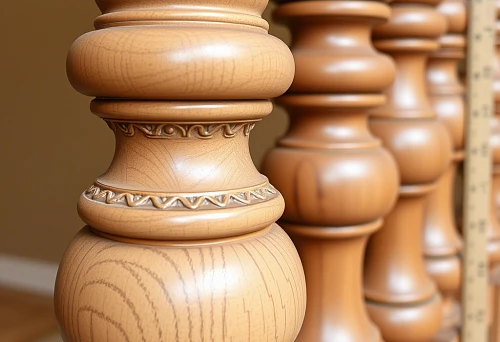 Close-up of carved wooden balusters for furniture, buy solid wood balusters for interior design solutions
