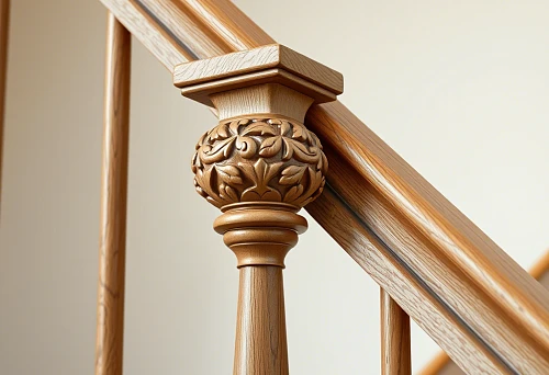 Wooden baluster finial with carved ornament, crowning staircase railing, close-up
