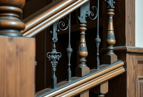 Elegant wooden and wrought iron balusters on the staircase in a private house.