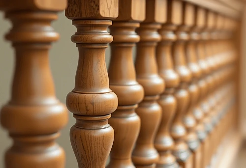 Close-up of classic wooden balusters decorating a staircase railing in Crimean architectural style
