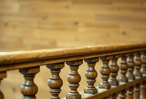 Detailed image of wooden balusters on a staircase railing in a modern interior