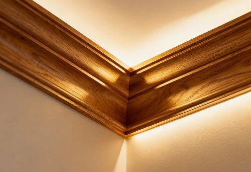 Wooden ceiling cornice with lighting&mdash;an elegant finishing touch for the wall and an expressive top line of the interior