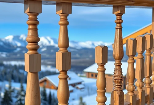 Wooden balusters on staircase railing, classic design, Siberian quality