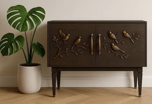 Case furniture &mdash; wooden cabinet with carved decorative ornament of birds on branches