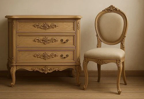 : a classic wooden chest of drawers with carved decor and an elegant chair with soft upholstery &mdash; examples of furniture suitable for presentation and successful sale