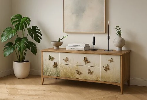 Kitchen furniture - a wooden chest of drawers with decorative fronts and relief butterflies in the kitchen interior