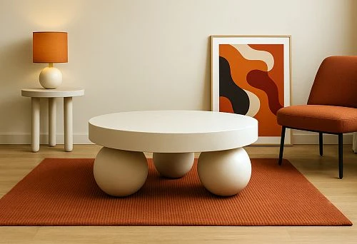 Modern apartment interior with a designer round table on spherical legs, an orange rug, and minimalist decor