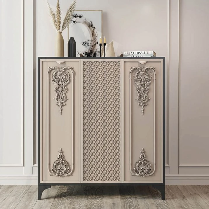 Carved Applique N-383 on cabinet door close-up