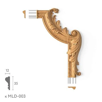 Decorative corner element MLD-3U-2.1R made of oak or beech &mdash; right carved corner for MLD-003 molding under enamel