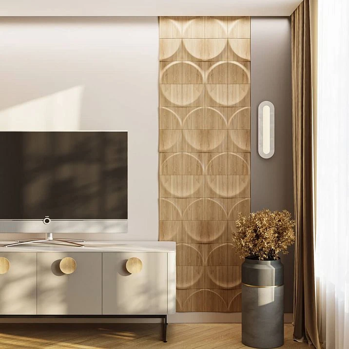 Wall panel DP-001 in the interior of a hallway with modern furniture and lighting.