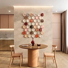 DP-003 wooden tile in a honeycomb shape for accent wall design in interiors.