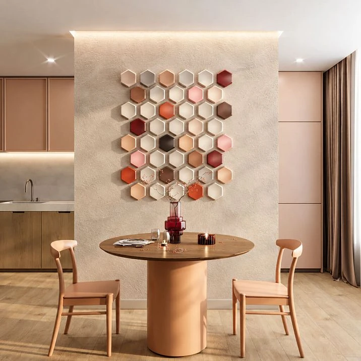 DP-003 wooden tile in a honeycomb shape for accent wall design in interiors.