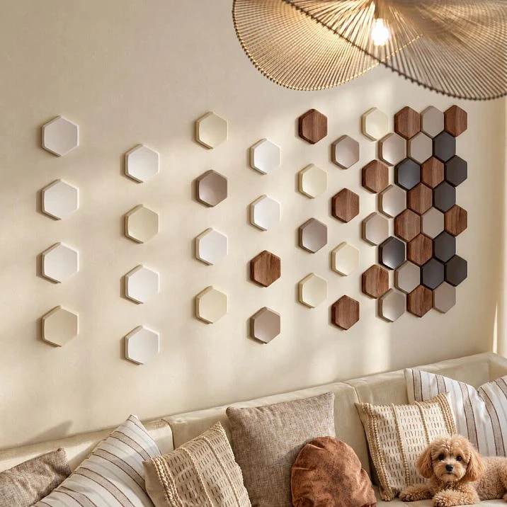 DP-003 STAVROS wall panel &mdash; geometric wooden tile in a hexagonal shape.