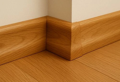 Oak skirting with smooth profile and rounded top in the corner of the room