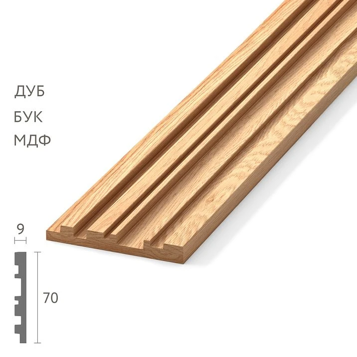 Vertical elongated quarter-round profile MLD-034, high-format 70&times;9 mm, made of oak, beech, or MDF.