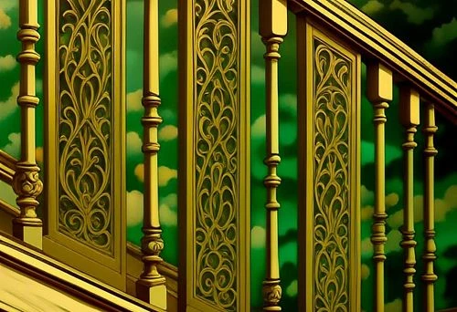 Rectangular balusters with decorative carved inserts against a backdrop of green clouds