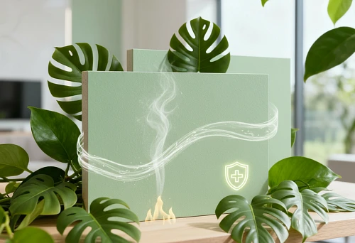 Eco-Friendly Green Material Among Houseplants with Fire Safety and Clean Air Symbols