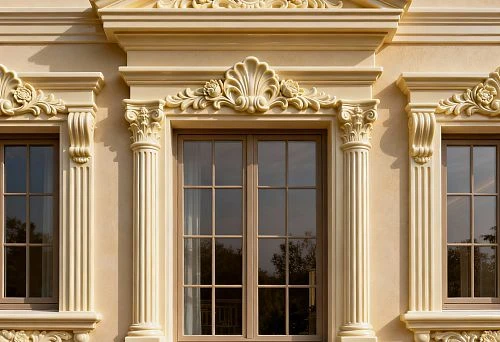 Outdoor Facade Decor with Columns and Decorative Elements Around Windows