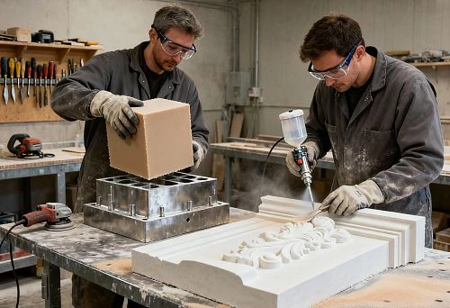 The process of manufacturing facade decor: craftsmen work on molds and processing of elements
