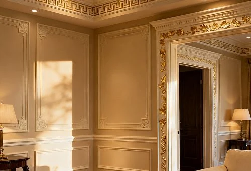 Classic Interior with Polyurethane Molding: Decorative Moldings, Gold Ornament, and Ceiling Cornice with Geometric Pattern