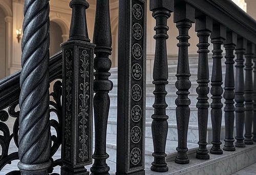 Metal balusters 50x50x900 with decorative elements on a marble staircase
