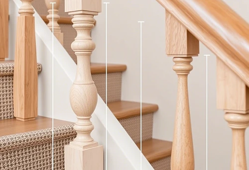 Baluster height options for staircases (80, 90, 100 cm), shown standard sizes and shapes, wooden balusters on steps