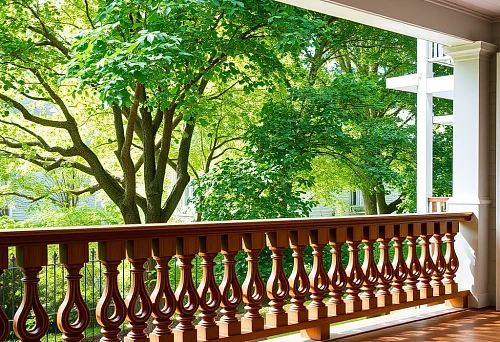 Wooden balusters on a veranda with a view of the green garden
