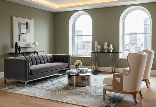 Classical living room with furniture in a light interior
