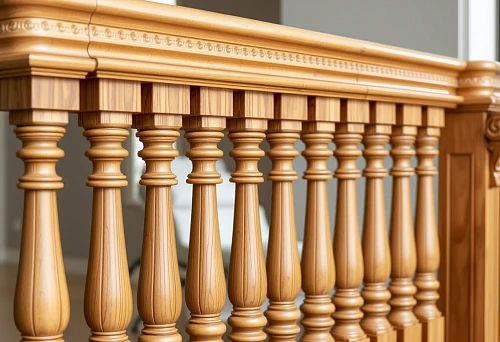 Classic wooden balusters on staircase railing, light wood