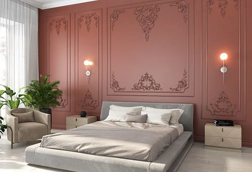 Elegant double bed made of solid wood in the bedroom interior