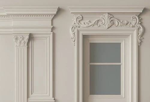 Classic window and door frames with decorative elements in interior