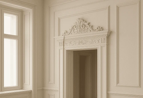 Door portal framing with decorative ornamentation and classical elements in interior design