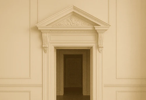 White carved pediment with decorative ornamentation
