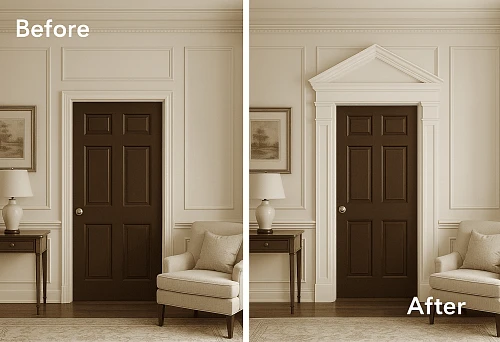 Interior before and after installing corner wall elements