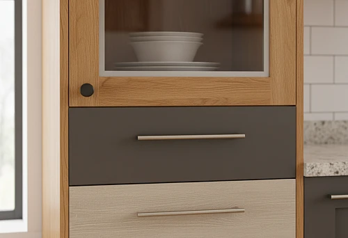 modern kitchen cabinet with combined fronts made of wood, MDF and glass, with metal handles and built-in tableware