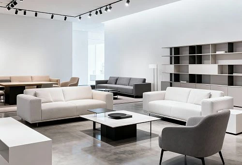 Modern Furniture Showroom with White and Gray Sofas in Minimalist Style