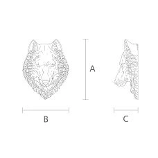 Drawing of a carved wooden mask in the shape of a wolf's head
