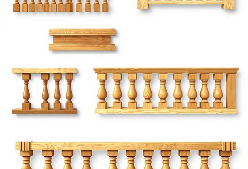Wooden balusters of various shapes and sizes, designed in the style of Siberian architecture for modern interiors in Irkutsk