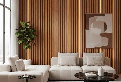 Wooden planks on the wall with accent lighting