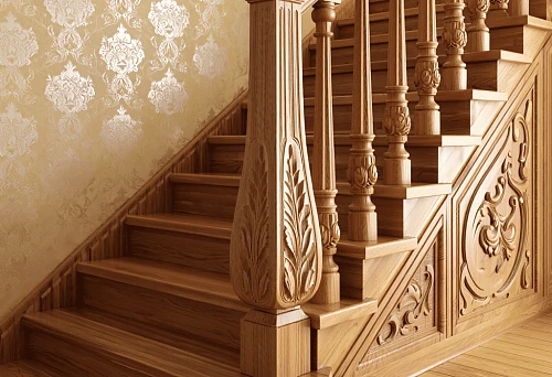 Staircase with carved wooden balusters and a solid support pedestal, on which the handrails are securely mounted
