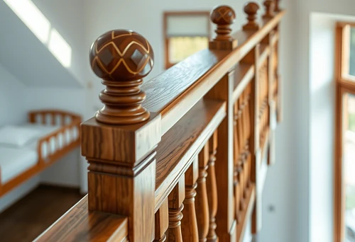 Wooden balusters with carved details on a modern railing in the interior of a house in Kursk