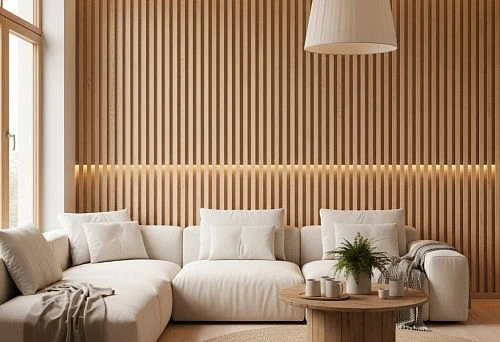 Modern living room interior with decorative slats on the wall
