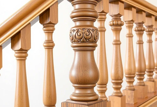 Wooden balusters with carved decorative elements on stair railings