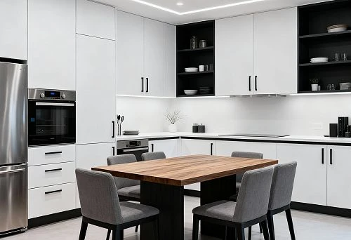 Modern Kitchen with White Fronts, Wooden Table and Gray Chairs