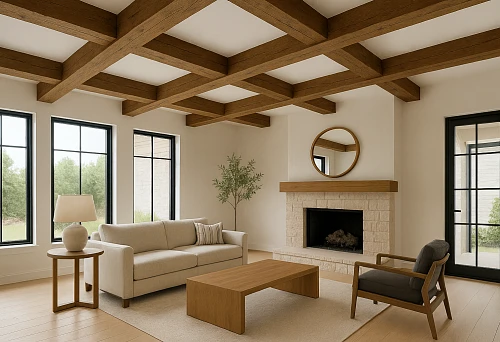 Spacious living room with a ceiling featuring L-shaped wooden false beams arranged in a grid pattern