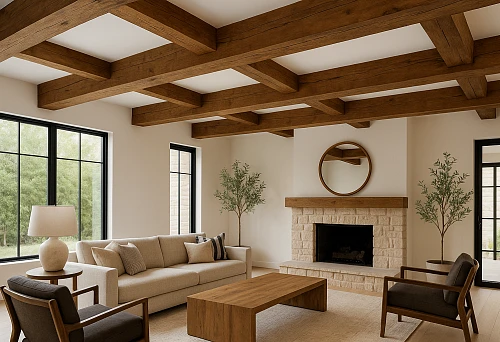 Modern living room in St. Petersburg with a ceiling decorated with wooden false beams in a grid pattern
