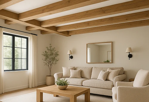 Bright living room in modern style with a ceiling adorned with natural wood false beams