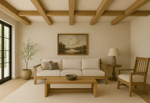 Bright living room with wooden false ceiling beams, soft sofa, wooden armchair