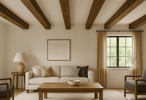 Living room interior with decorative false beams in warm tone on ceiling, light furniture, and wooden table