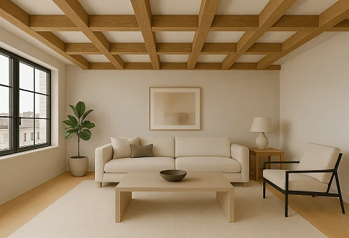 Modern Living Room with Ceiling Decorated with Wooden False Beams in Grid Pattern